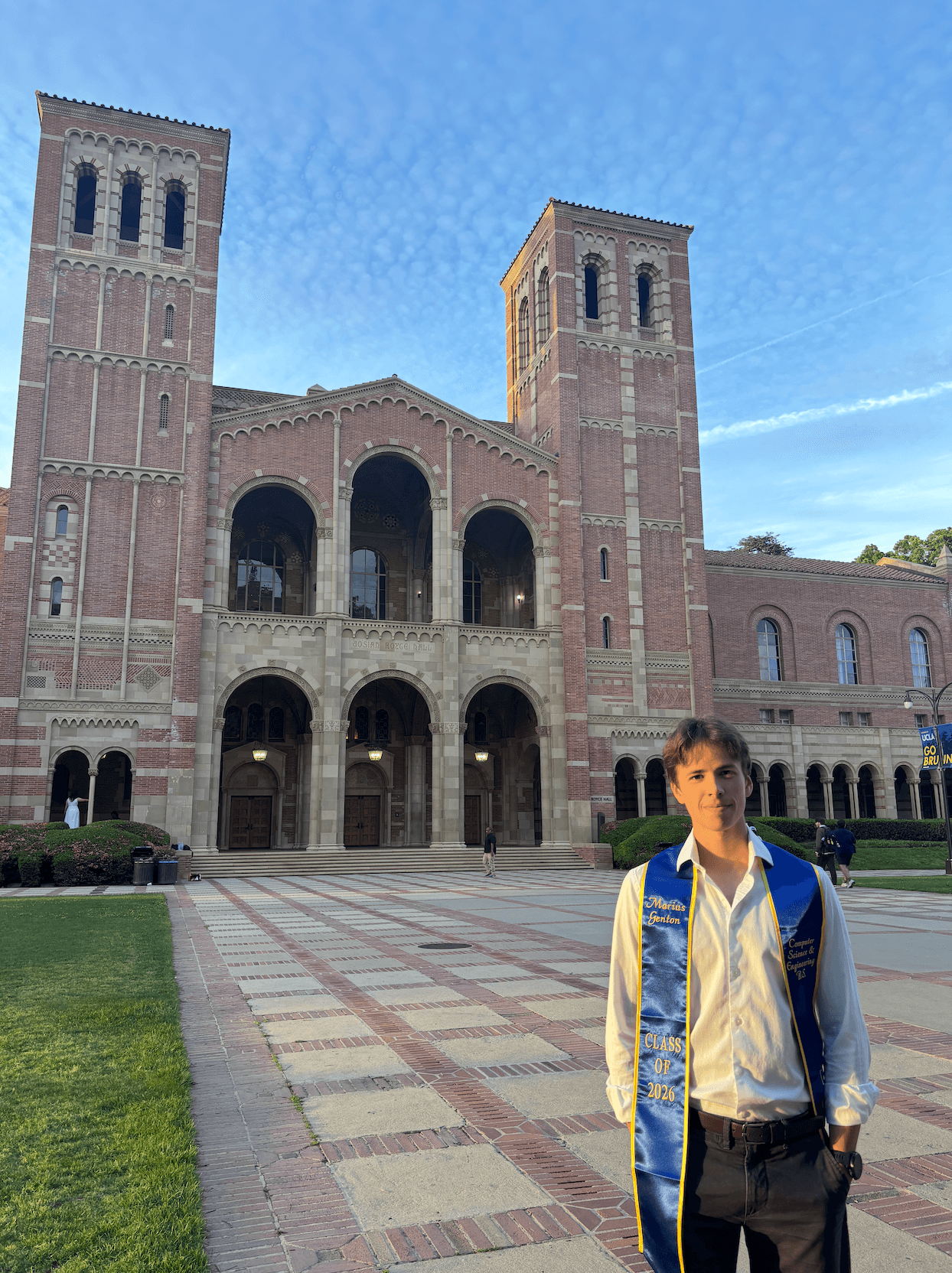 Marius, founder of Réussite, in front of Royce Hall at UCLA